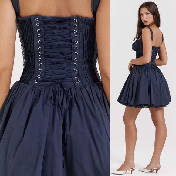 House of CB Pietra French Navy Blue Corset Sweetheart Lace Trim Mini Dress XL - Picture 11 of 11